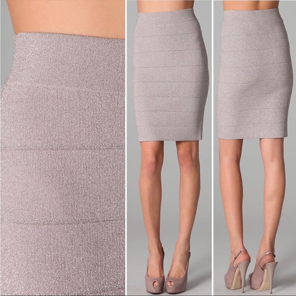 BCBG MaxAzria Scarlett Metallic Bandage Pencil Skirt in Rose Mist Combo, Size S